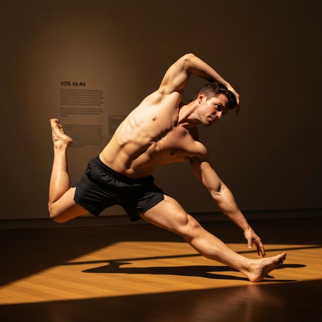 Man stretching and doing flexibility exercises with warm directional lighting