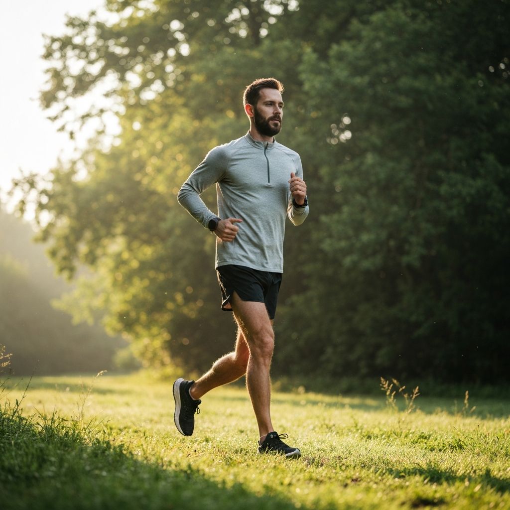 Man jogging in natural environment with morning light